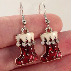 Silver Red Santa Boots Christmas Stockings Crystal Earrings New Holiday Festive